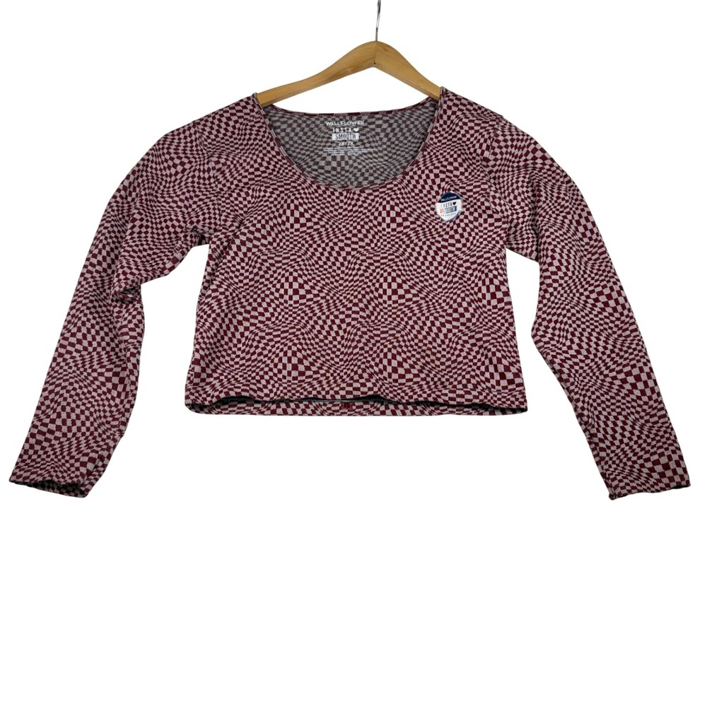 Wallflower Insta Smooth Warped Checkerboard Crop Top Burgundy White Plus 2X 2XL
